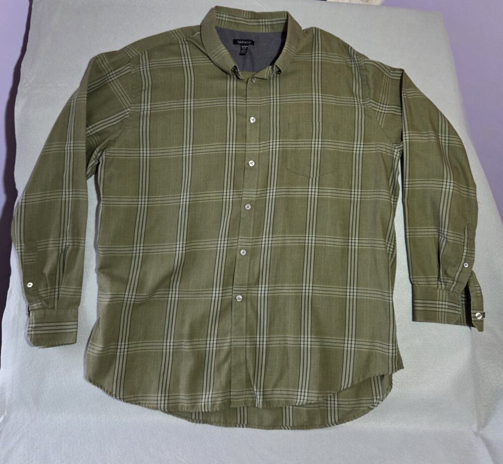 Van Heusen dress shirt XXLarge 18 18 1/2 Green Block Plaid Button Down